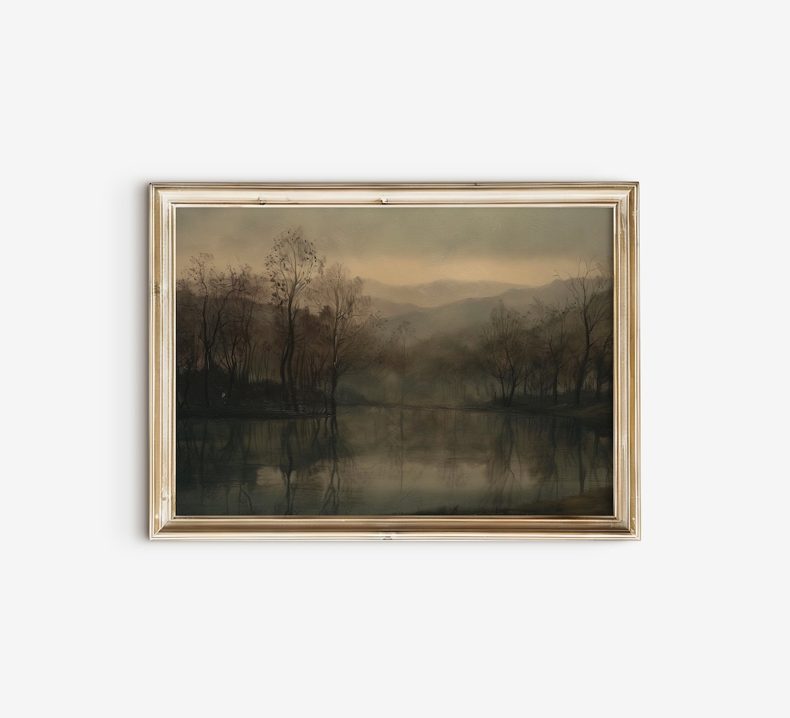 Misty Lake at Dusk With Bare Tree Reflections Moody Tonalism Poster