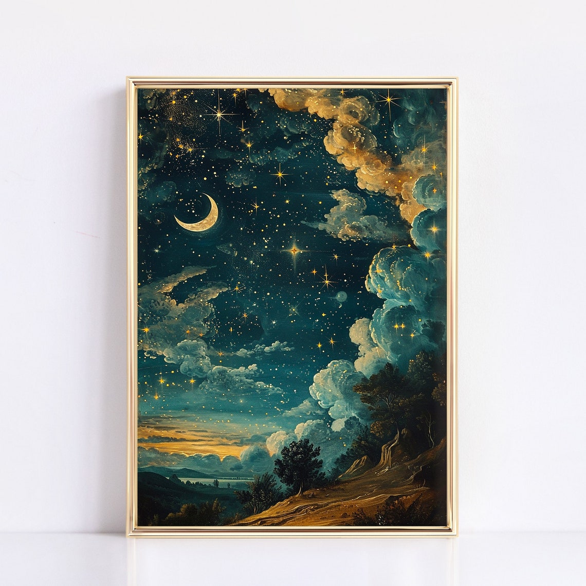 Crescent Moon Over Golden Clouds Vintage Celestial Night Poster - Image 3