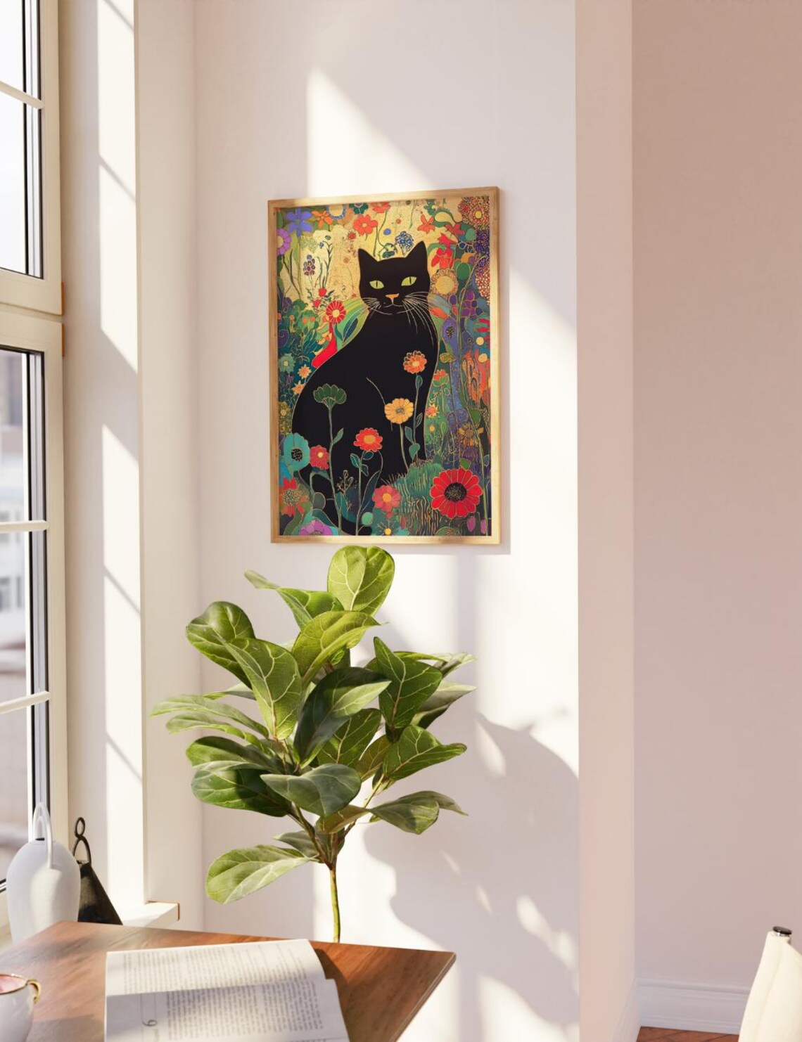 Regal Black Cat Among Golden Flowers Art Nouveau Style Poster - Image 2