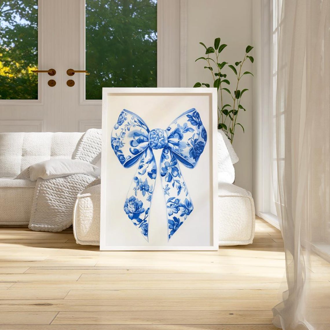 Blue Chinoiserie Floral Bow Ribbon Watercolor Coquette Style Poster - Image 2