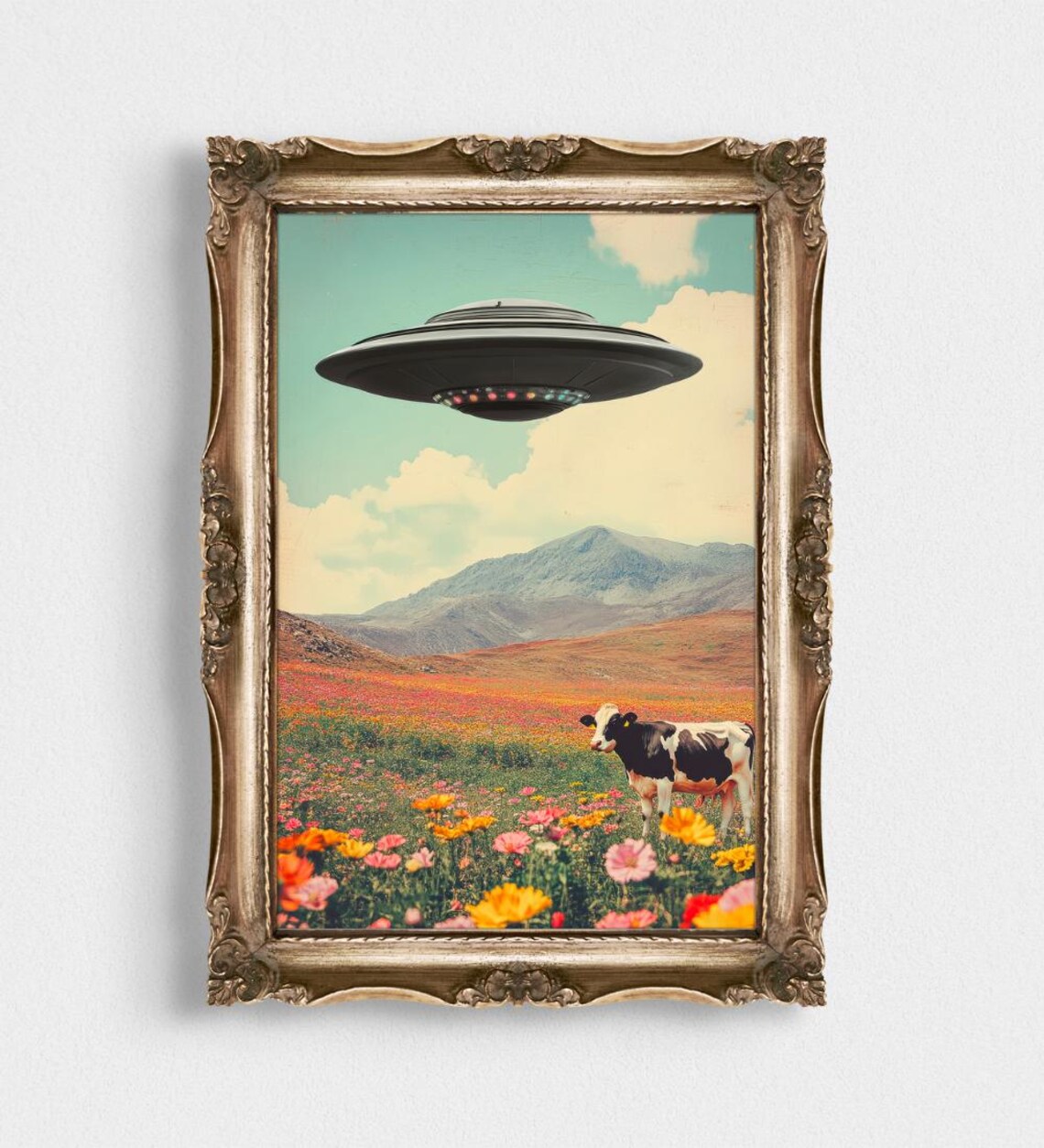 UFO Over Cow in Wildflower Meadow Retro Surreal Cosmic Space Art Print