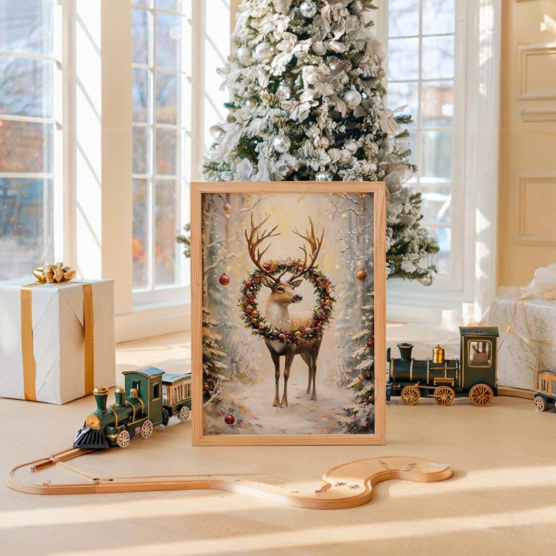 Noble Stag With Grand Ornament Wreath In Snowy Forest Poster - Image 4