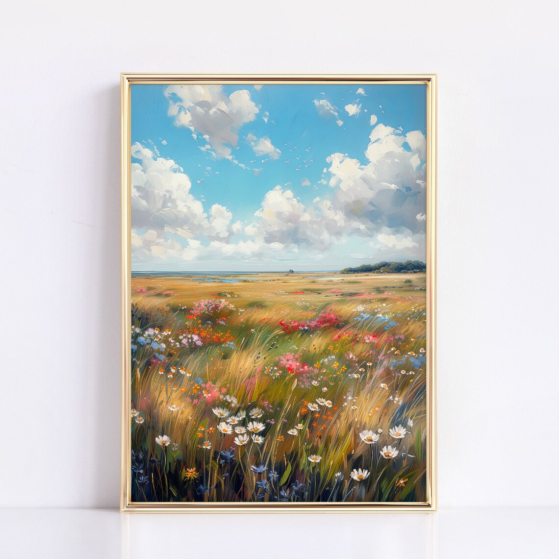 Spring Wildflower Meadow Daisies Blue Sky Vintage Landscape Poster