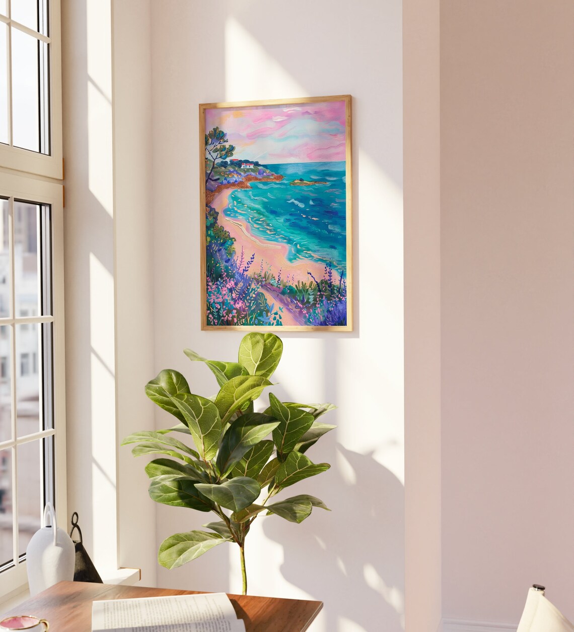 Pink Sunset Seascape Beach Cove Wildflower Oil Painting Poster - Image 3