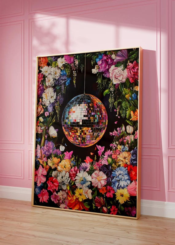 Vivid Disco Ball Art Maximalist Botanical Painting Bold Eclectic Wall Decor Colorful Dopamine Gift Trendy Kitsch Poster