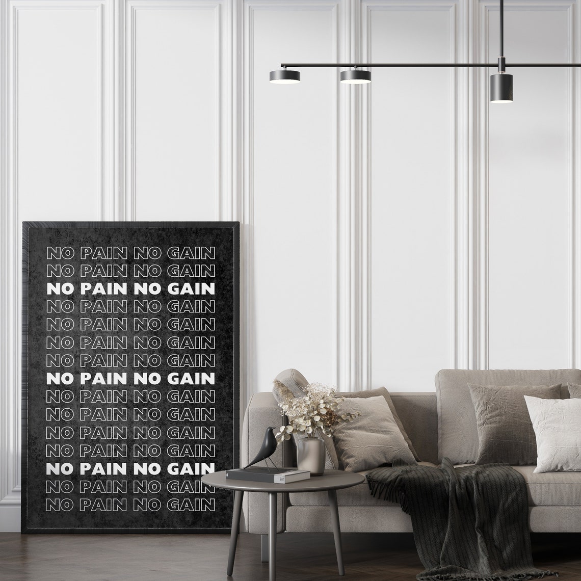 No Pain No Gain Repeated Text Black Gym Motivation Quote Poster - Image 2