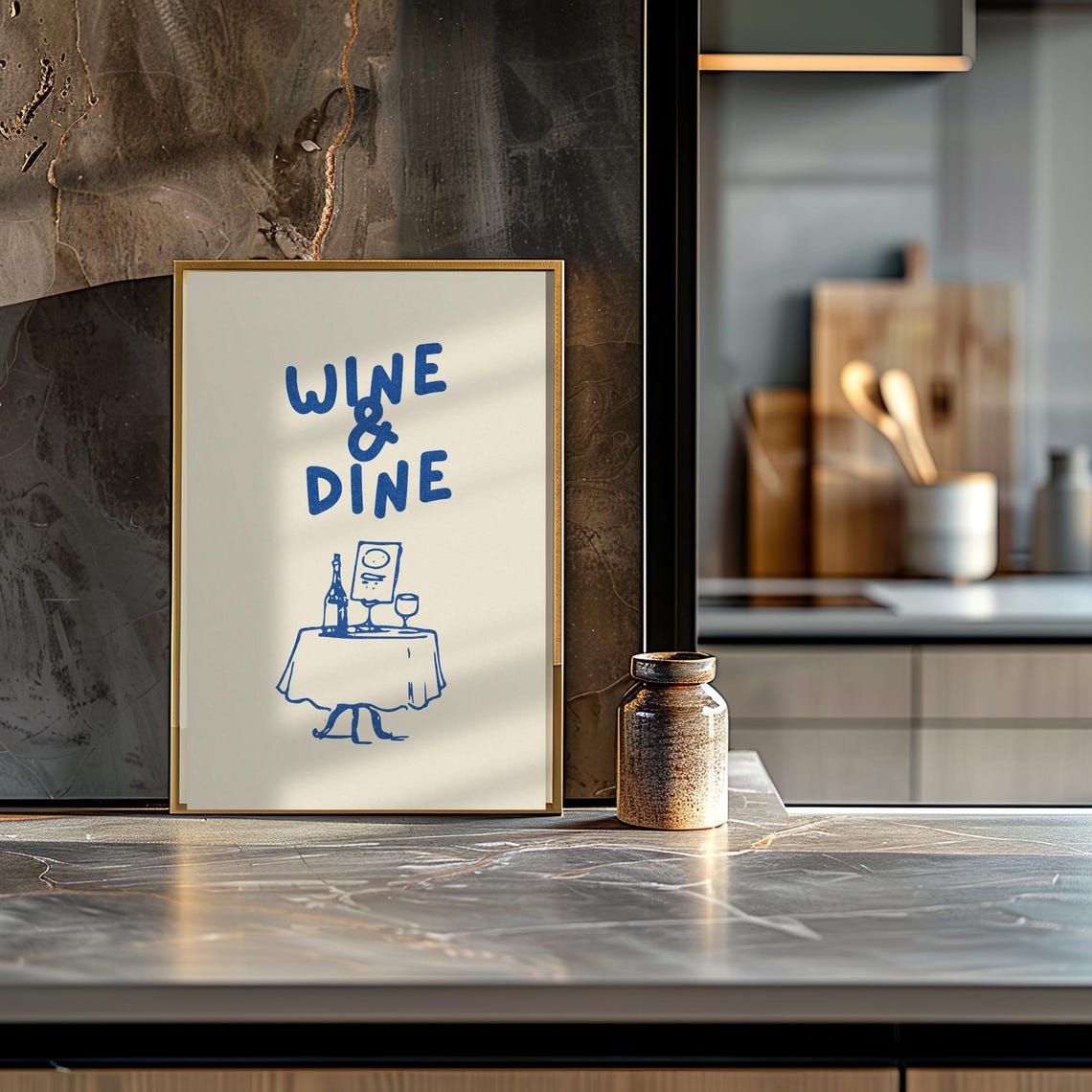 Wine and Dine Navy Kitchen Blue Table Sketch Quote Art Poster - Image 2