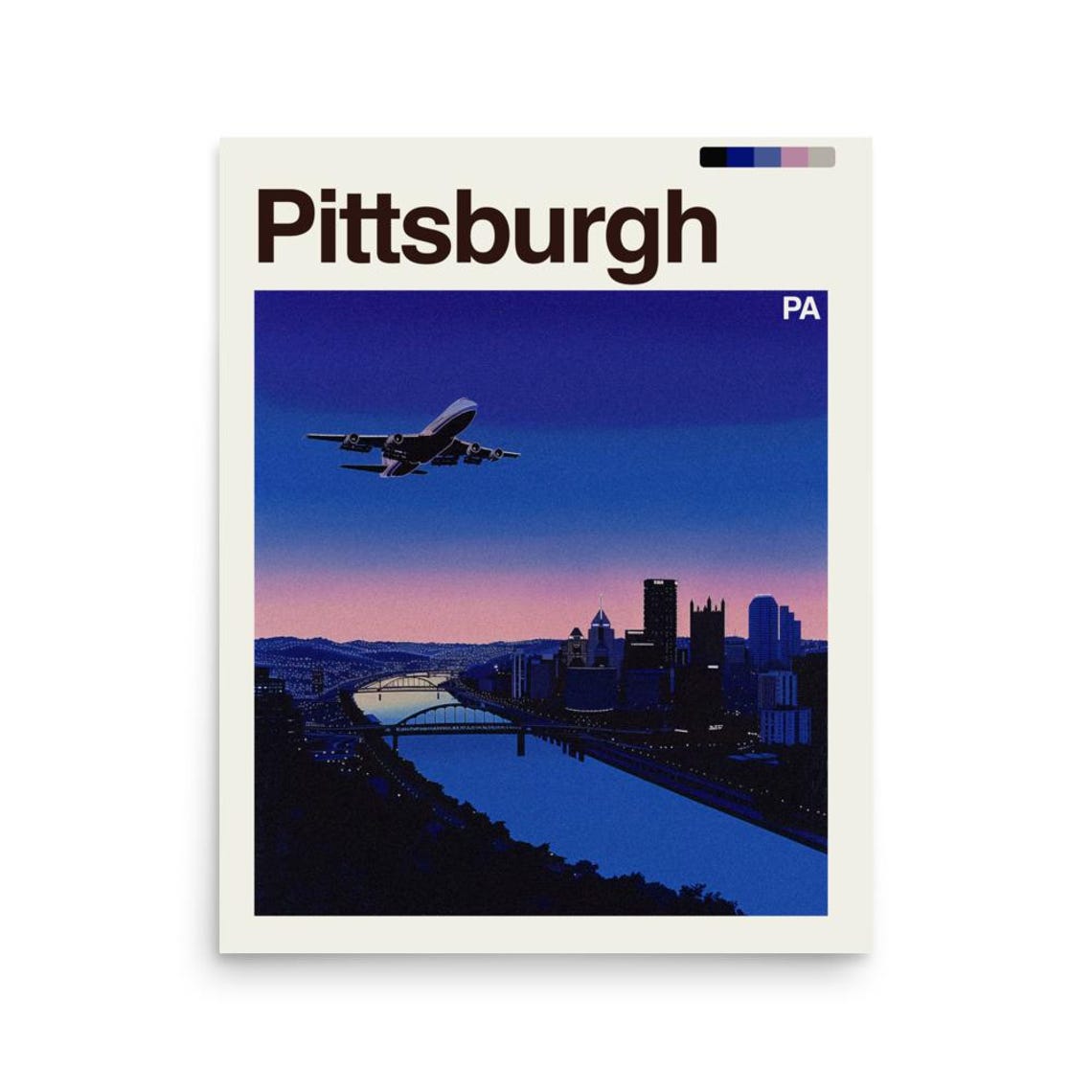 Pittsburgh PA Night Skyline with Bridges and Airplane Poster