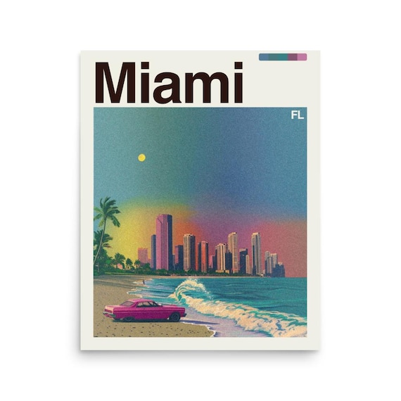 Miami Florida Beach Pink Classic Car Sunset Skyline Coast Poster