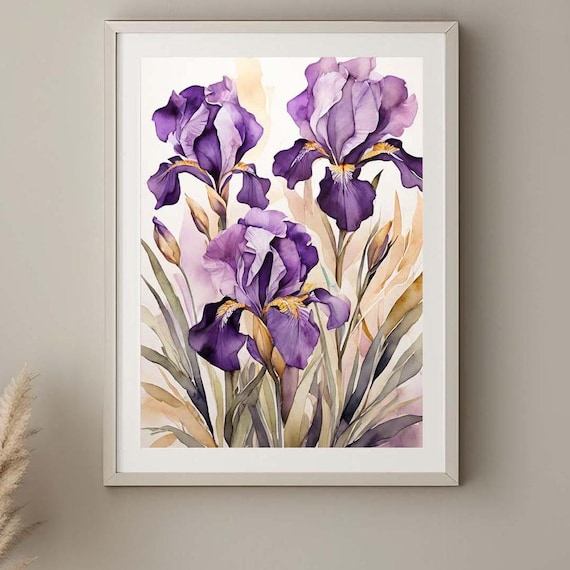Graceful Purple Iris Watercolor Botanical Flower Bloom Art Poster