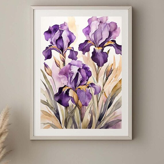 Purple Iris Flowers Painting Irises Watercolor Floral Wall Art Botanical Fine Print Giclee