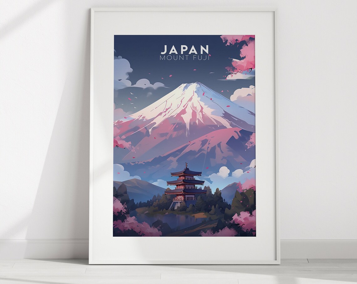 Mount Fuji Japan Cherry Blossom Pagoda Vintage Travel Poster Art