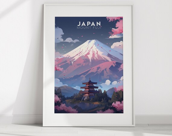 Mount Fuji Japan Cherry Blossom Pagoda Vintage Travel Poster Art