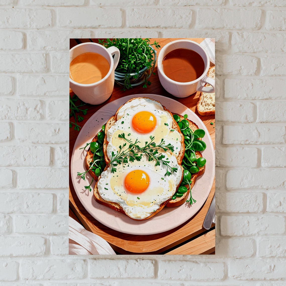 Sunny Side Up Fried Eggs Herb Toast Breakfast Kitchen Art Poster