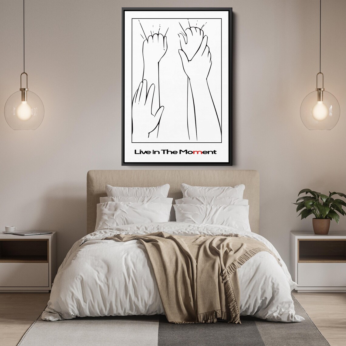 Live In The Moment Inspirational Minimalist Line Art Hands Quote Poster - Image 2