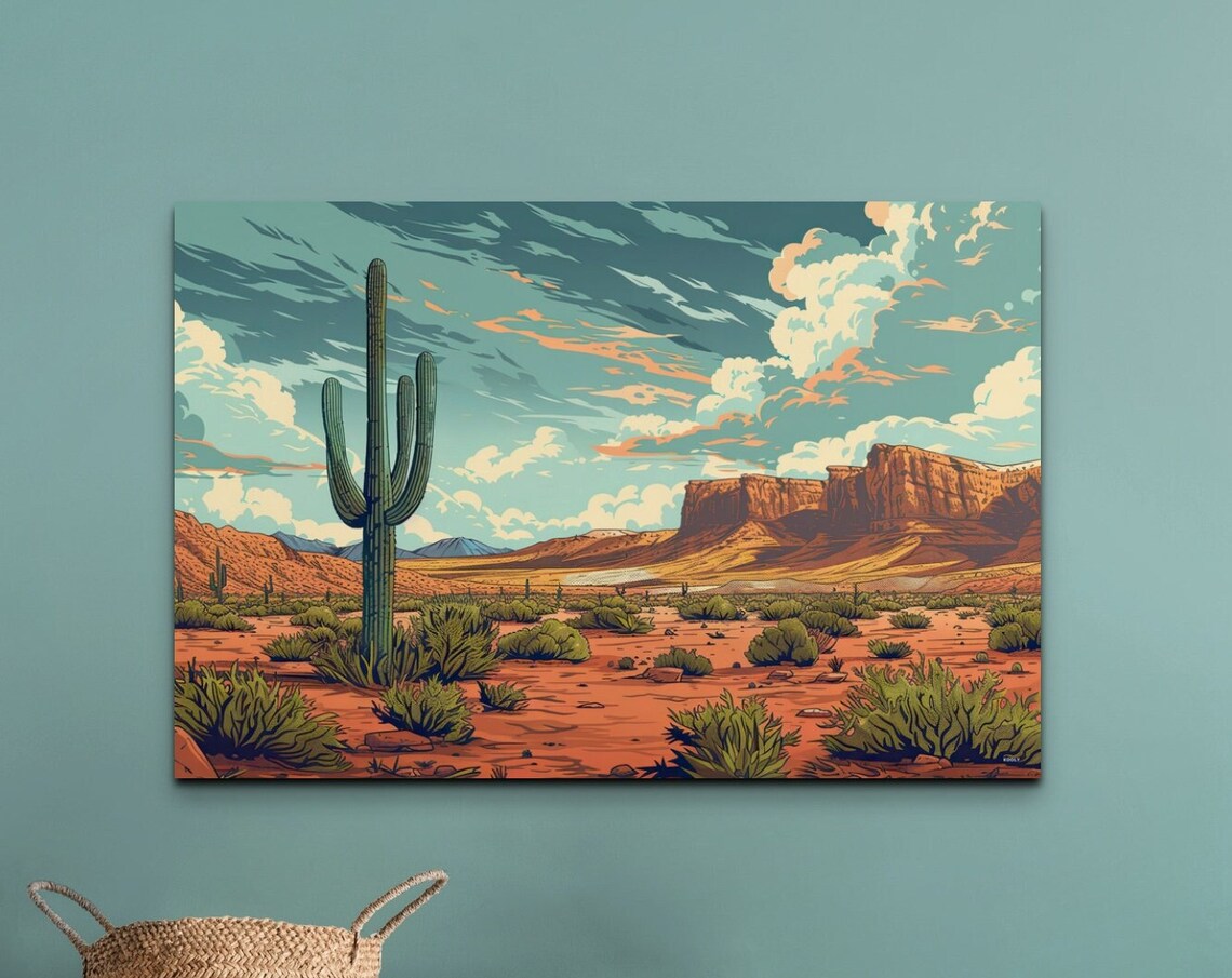 Retro Desert Illustration Saguaro Cactus Red Rock Mesa Wall Art