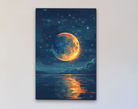 Blood Orange Full Moon Rising Ocean Reflection Starry Night Poster
