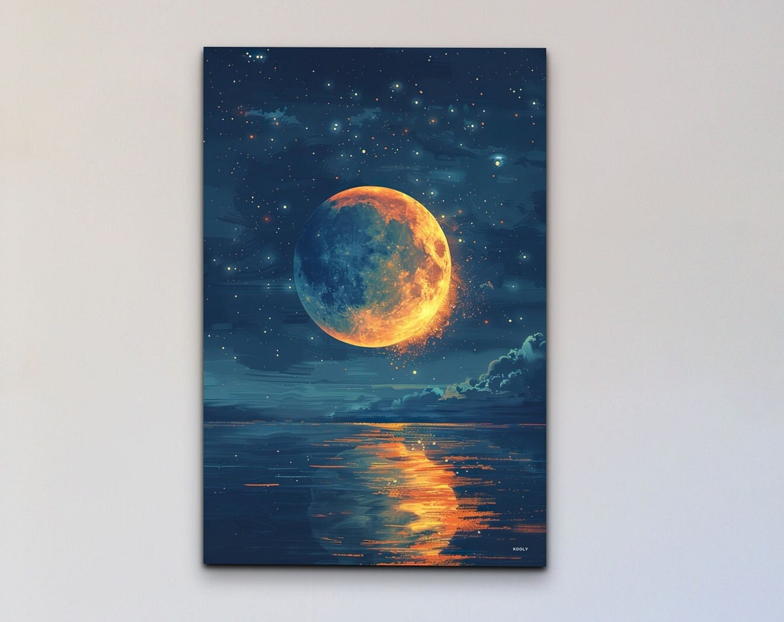 Blood Orange Full Moon Rising Ocean Reflection Starry Night Poster