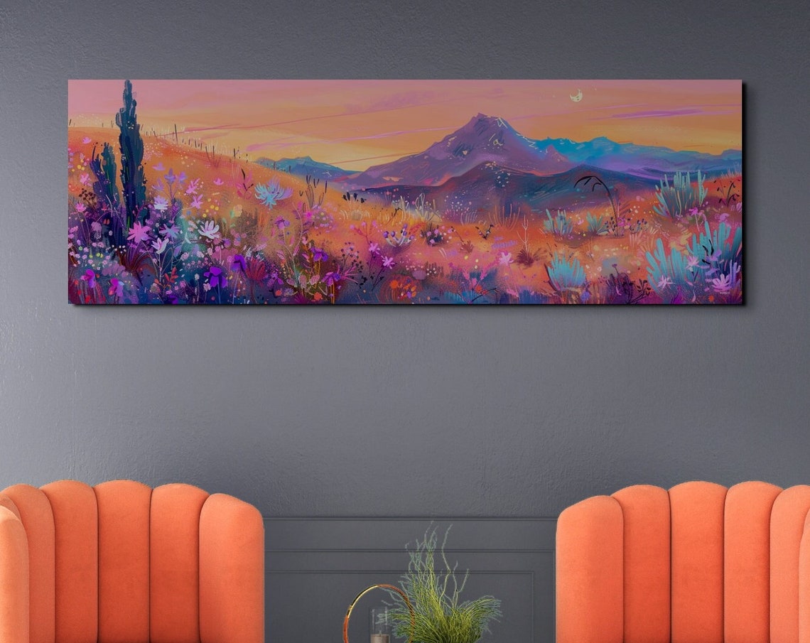 Southwestern Desert Sunset Wildflowers Moon Panoramic Poster
