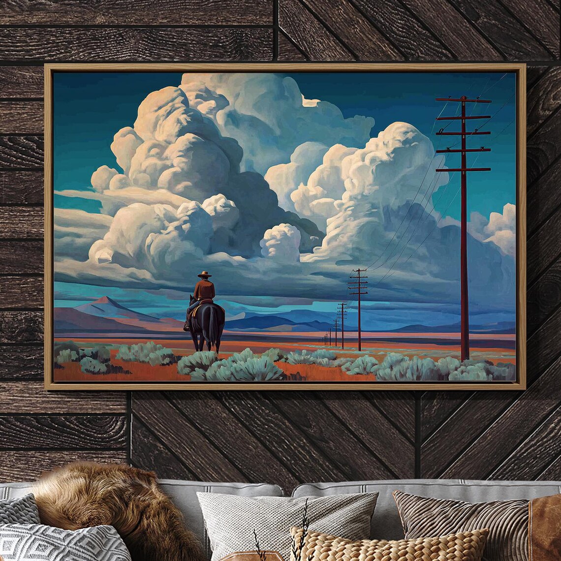 Cowboy Riding Beneath Towering Desert Clouds Art Print