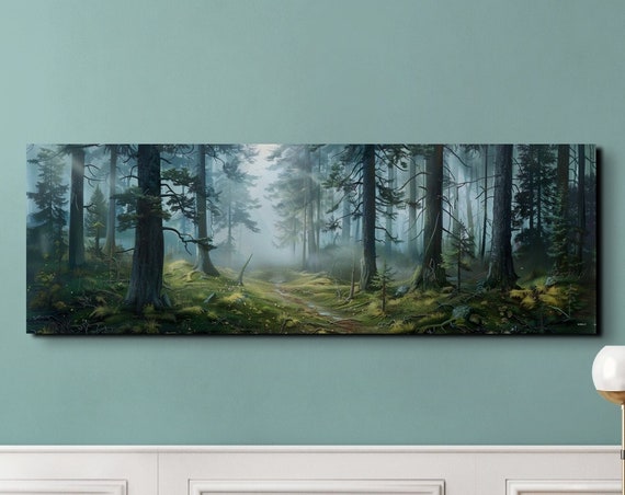Enchanted Misty Forest Wall Art Print Panoramic Wall Decor Livingroom Ready To Hang Nature Decor Misty Forest Foggy Haze Smoky