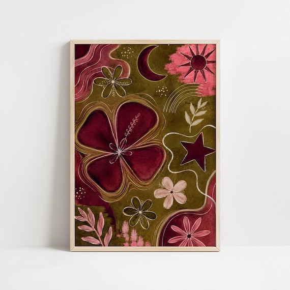 Boho Celestial Floral Print Burgundy Abstract Poster Retro Maximalist Decor