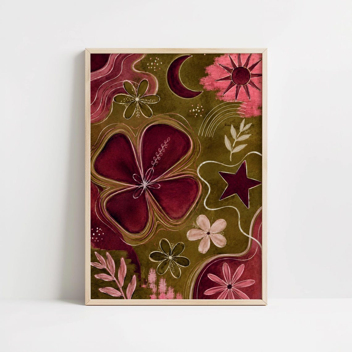 Boho Celestial Floral Print Burgundy Abstract Poster Retro Maximalist Decor
