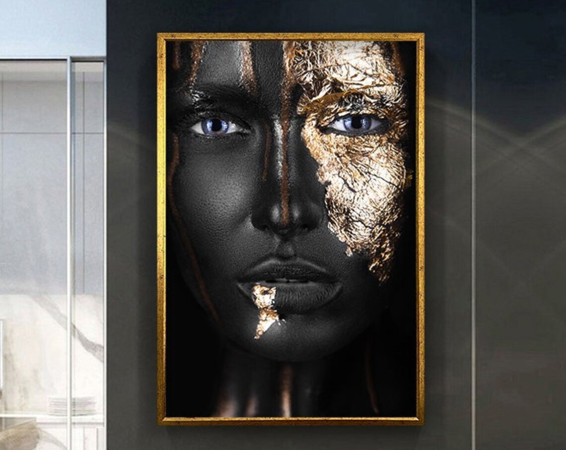 Black And Gold Leaf Woman Face Portrait Striking Modern Art Poster