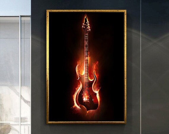 Flaming Electric Guitar Fire Rock Music Energy Wall Art Poster