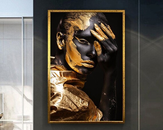 Modern Art Golden African Woman Abstract Design Print Wall Decoration Wall Art Ready To Hang Painting Gift