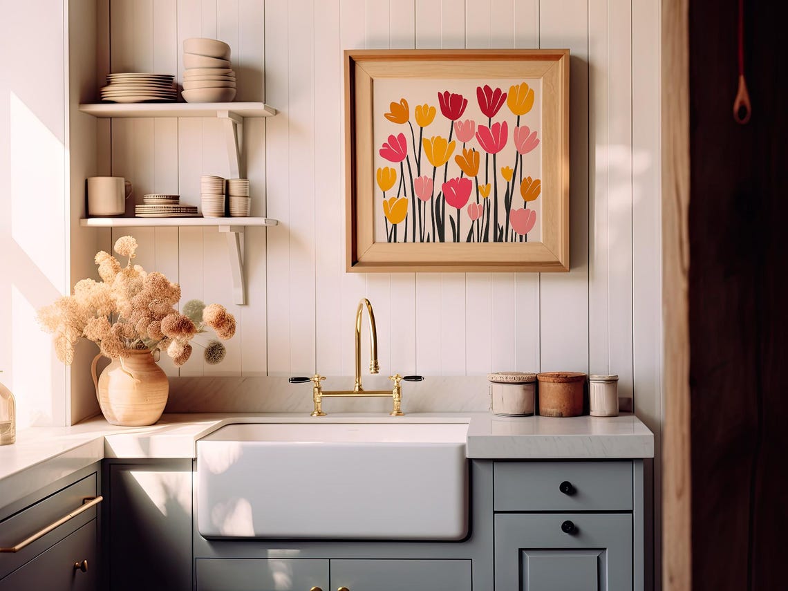 Colorful Tulips Block Art Style Spring Flowers Kitchen Poster