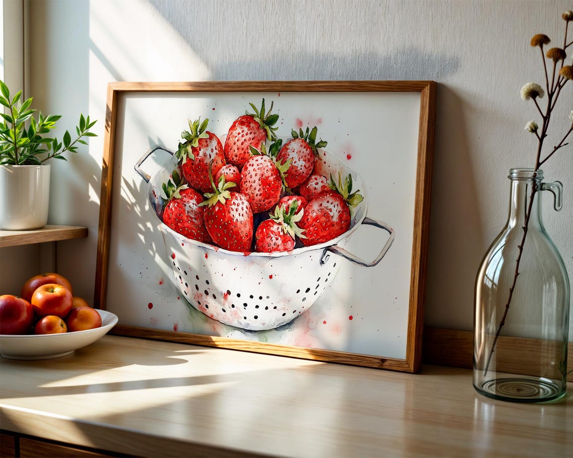 Strawberry Colander Watercolor Red Berry Farmhouse Kitchen Poster