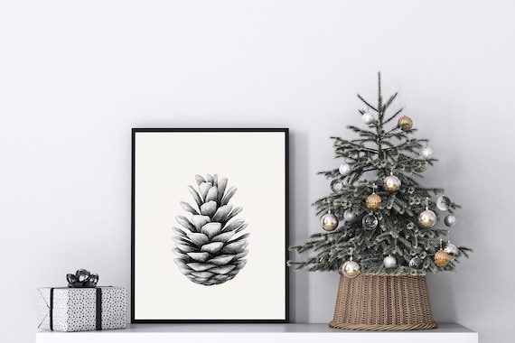 Charcoal Pinecone Botanical Sketch Elegant Christmas Wall Poster