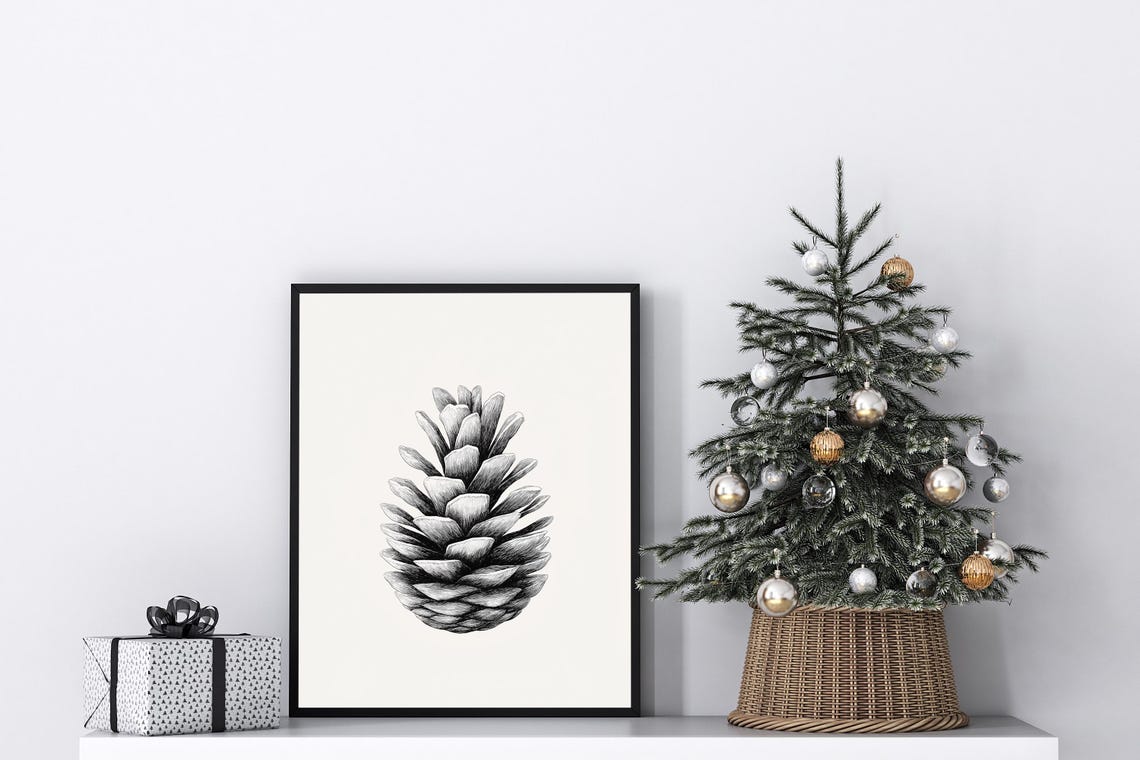 Christmas Pinecone Wall Art Holiday Illustration Botanical Print At Home
