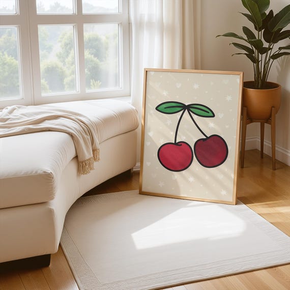 Whimsical Cherry Illustration Art Print For Kitchen Decor Farmhouse Wall Valentines Gift