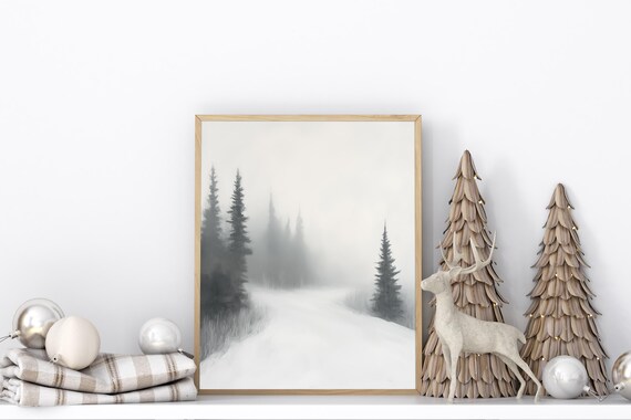 Snowy Forest Road Winter Pines Minimalist Holiday Landscape Poster