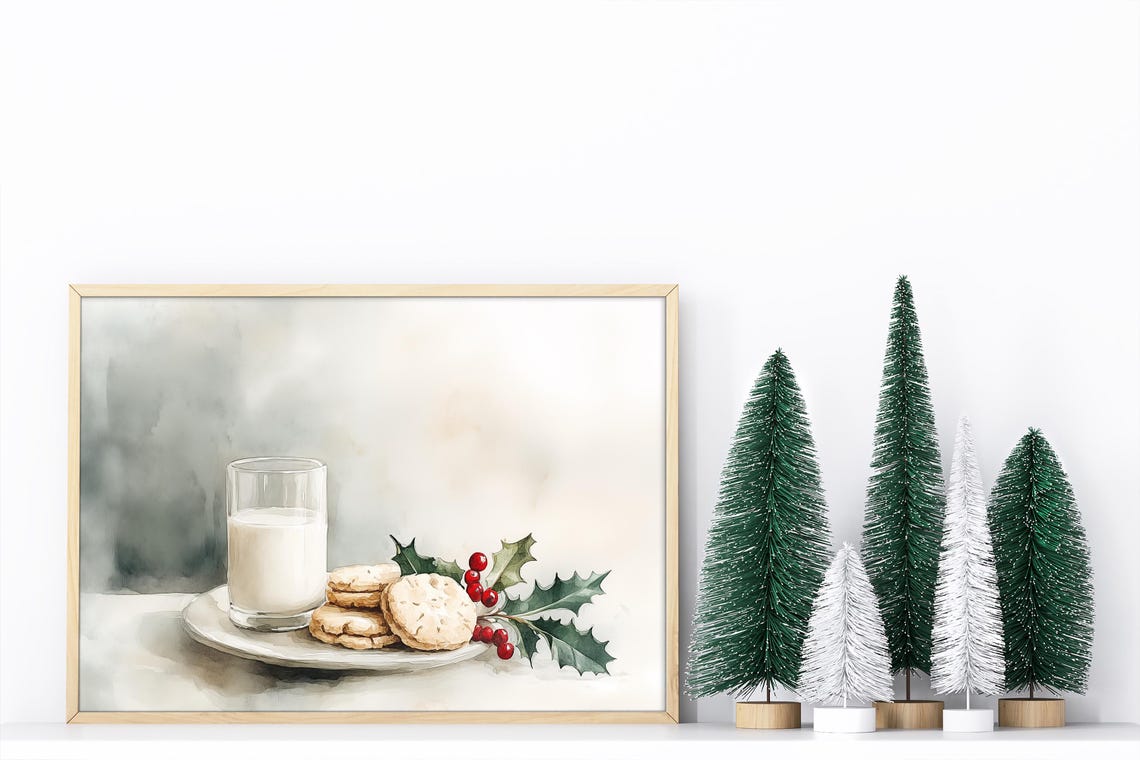 Cozy Christmas Cookies and Milk Watercolor Holiday Kitchen Wall Print