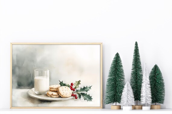 Cozy Christmas Cookies and Milk Watercolor Holiday Kitchen Wall Print