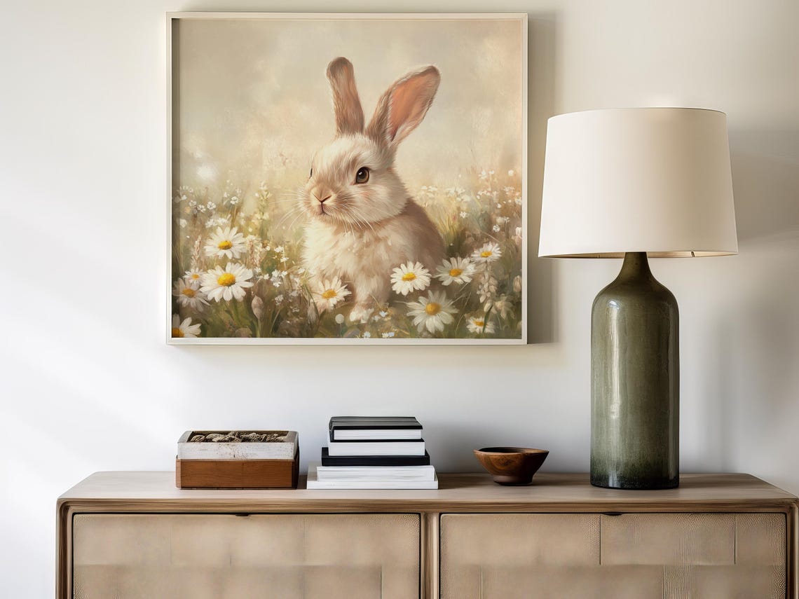 Spring Meadow Bunny Art Print Whimsical Easter Rabbit Illustration