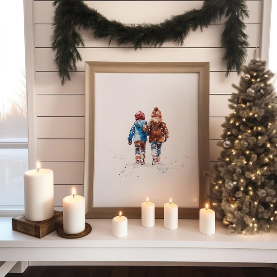 Kids Snow Walk Watercolor Festive Holiday Children Art Poster