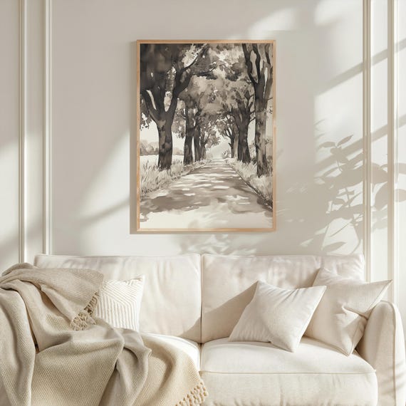 Rustic Sepia Watercolor Landscape Walnut Tree Lane Art Print Farmhouse Decor Country Road