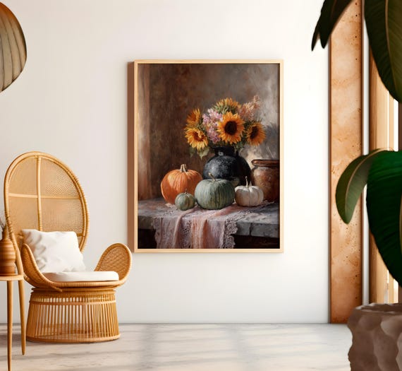 Sunflower Pumpkin Autumn Still Life Rustic Harvest Kitchen Poster