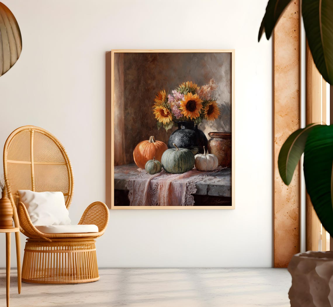 Sunflower Pumpkin Autumn Still Life Rustic Harvest Kitchen Poster