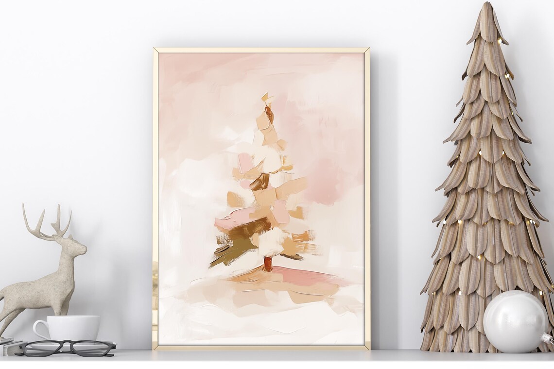 Abstract Christmas Tree Print Pink Gold Holiday Wall Art