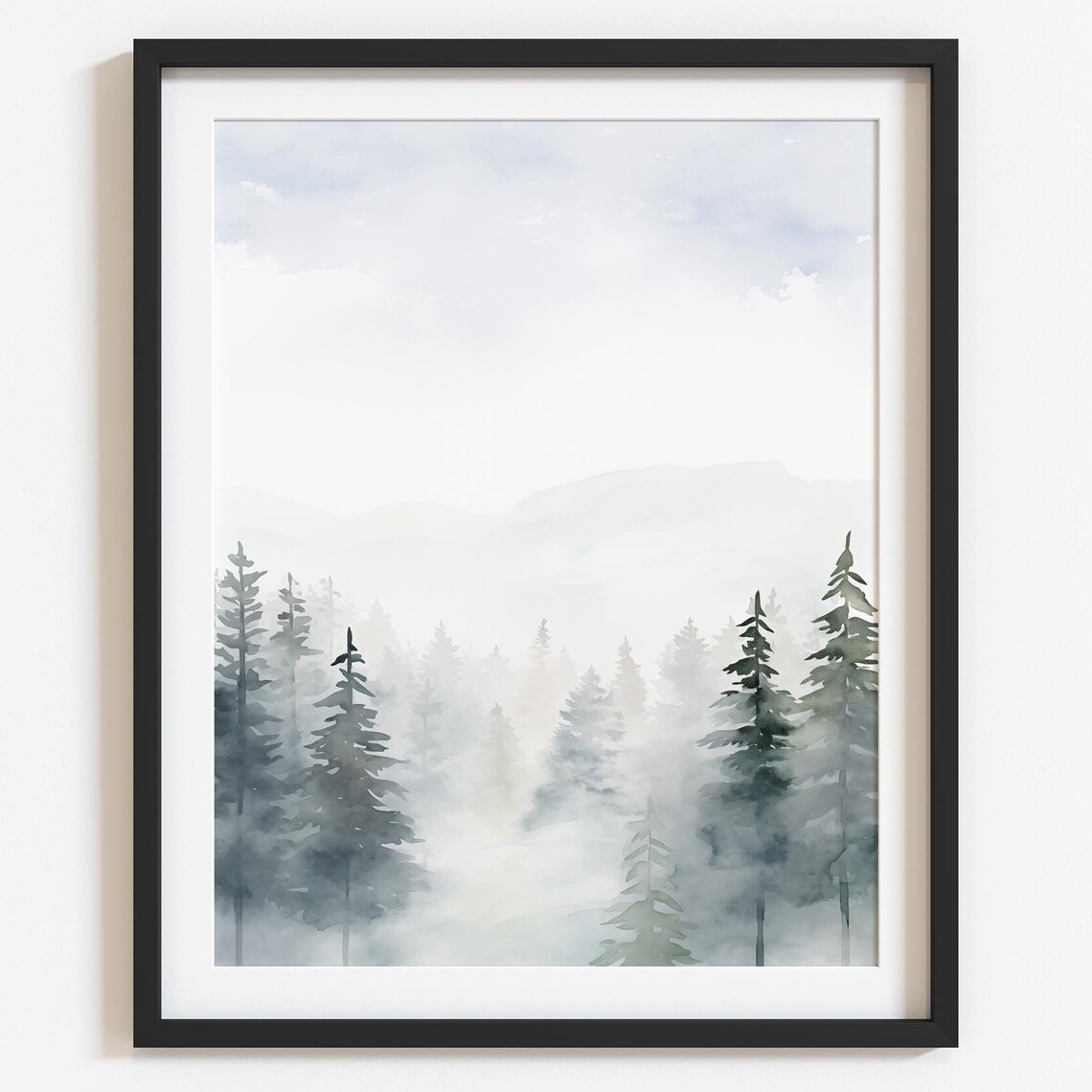 Misty Pine Forest Minimalist Watercolor Winter Landscape Poster