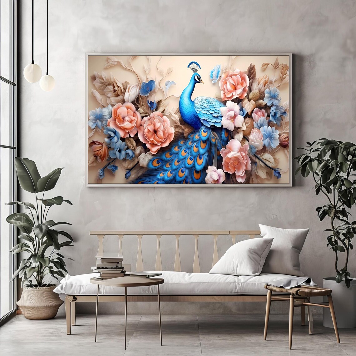 Elegant Blue Peacock With Blossom Floral Garden Decor Poster - Image 2