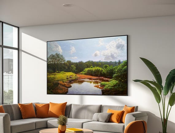 Serene River And Forest Landscape Art Ideal Gift For Nature Lovers Peaceful Greenery Wall Decor Painting