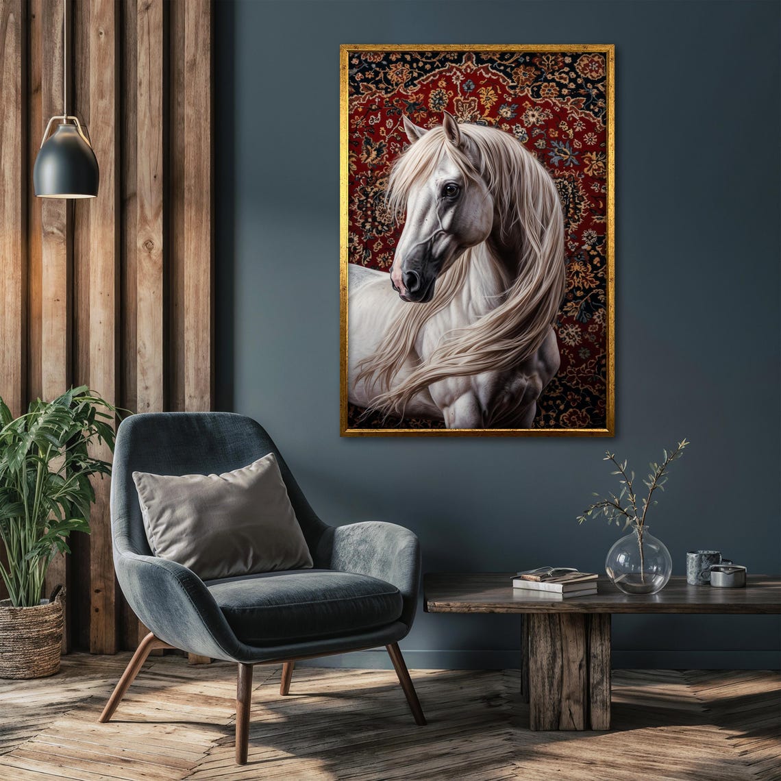 White Horse Portrait with Its Head Turned on a Red Rug Poster - Image 4