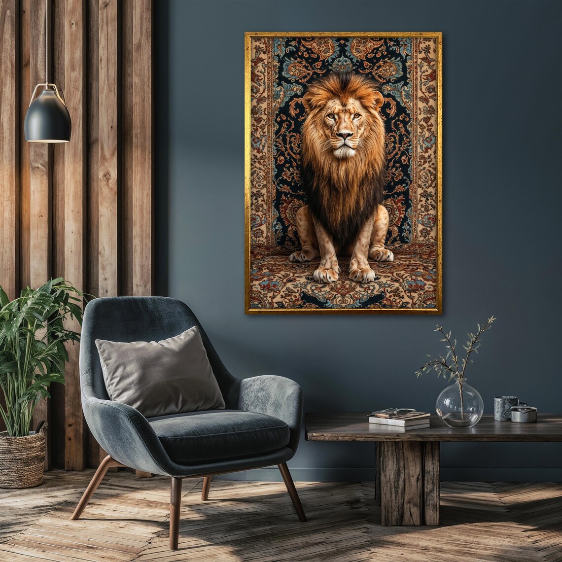 Lion Sitting Tall and Forward on a Blue and Black Ornate Rug Poster - Image 4