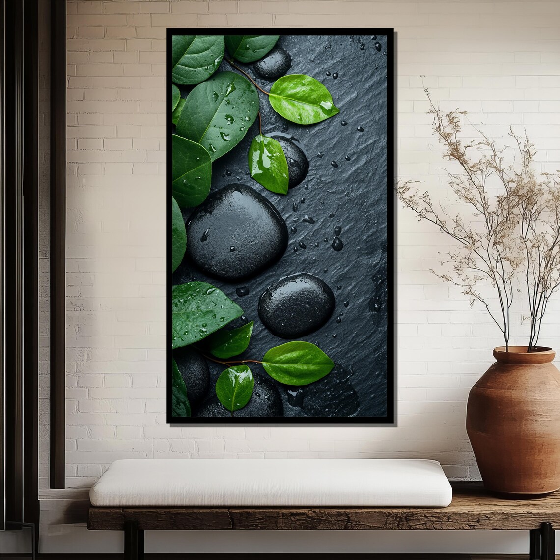 Black Spa Stones Green Leaves Water Droplets Zen Nature Poster - Image 3